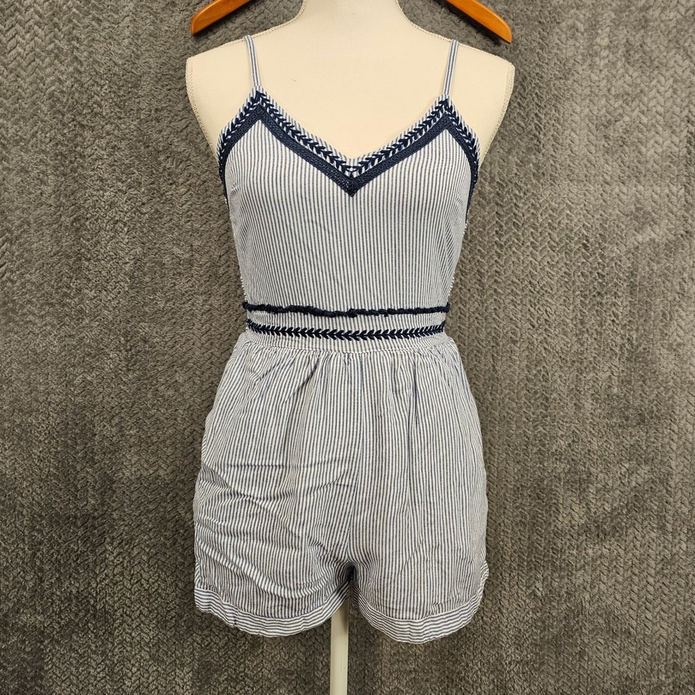 Costal Boho Blue‎ White Pinstripe Embroidered V-Neck Smocked Back Romper XS